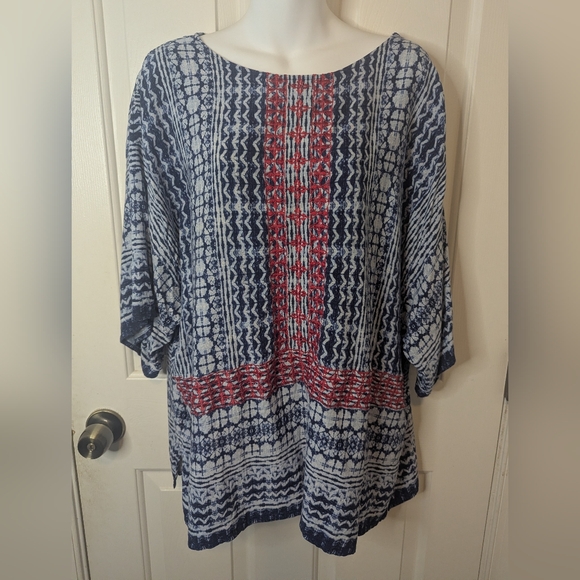 Ruby Rd. Women's Top with Navy and Red Geometric Design